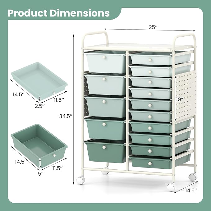 DREAMADE 15-Drawer Rolling Storage Cart, Craft Cart, Gradient Green | Mobile Utility Cart with Metal Pegboard Panels, Tabletop and Lockable Wheels for Classroom, Office, Studio and Playroom - Image 3
