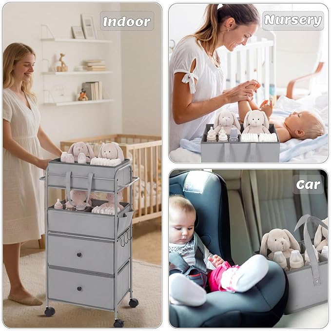 FoldTier 3In1 Baby Diaper Caddy Organizer Cart 4 Tier Large Capacity Metal Utility Bedside Rolling Cart with Divider Newborn Registry Nursery Essential Must Have Bedroom Gift Baby Shower(Gray) - Image 4