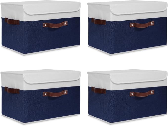 ANMINY Fabric Storage Box Bins with Lids, Blue White, 15"x10"x10", 4 Pack | Keepsake Memory Storage, Cotton Linen, PP Board Reinforced, Washable, PU Handles, Foldable & Stackable, Decorative, Large by ANMINY