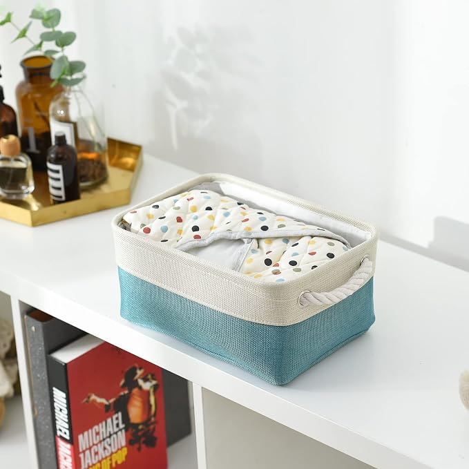 Fabric Storage Bin with Handles,Storage Basket for Home Storage and Organization, Shelf Basket with Cover for Living Room Bedroom Decor Closet（White & Green,Small ,11.8L×7.9W×5.2H - Image 3
