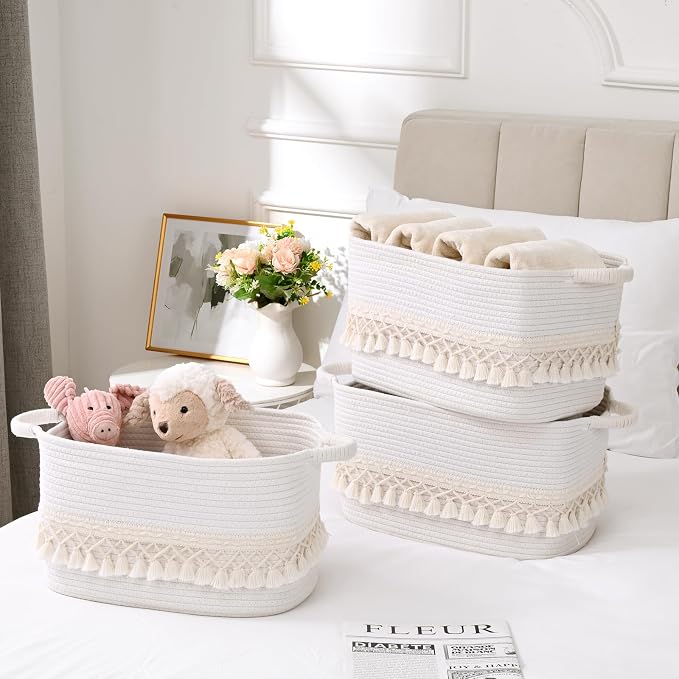 3 Pack Storage Basket for Shelves, Boho Cotton Rope Storage Bins with Heavy Tassel, Shelf Baskets Large Woven Baskets for Organizing, Cube Organizer Bins, Baby Laundry Basket for Clothes, Toys, Pets - Image 2