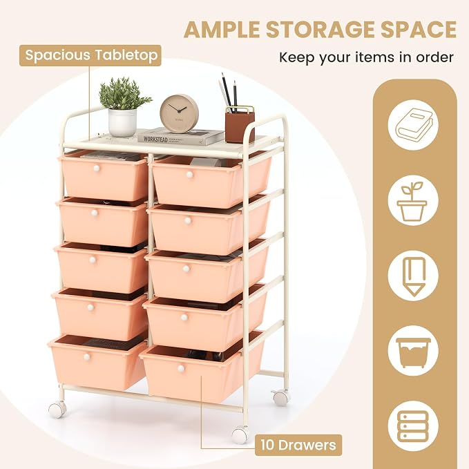 10 Drawer Rolling Cart, Storage Cart Organizer on Wheels, Drawer Cart with Metal Frame & Large Storage Capacity, Rolling Cart with Drawers for Living Room Classroom, Office - Image 4