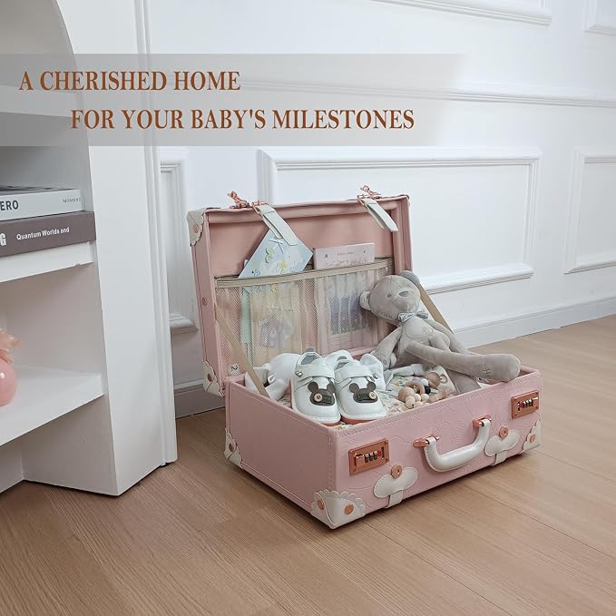 Unitravel Baby Keepsake Case, 18" Handmade Memory Storage Box, Newborn Keepsake Box, Vintage Suitcase for Baby Shower, Baptism, Naming Ceremony or Birthday (Pink) - Image 4