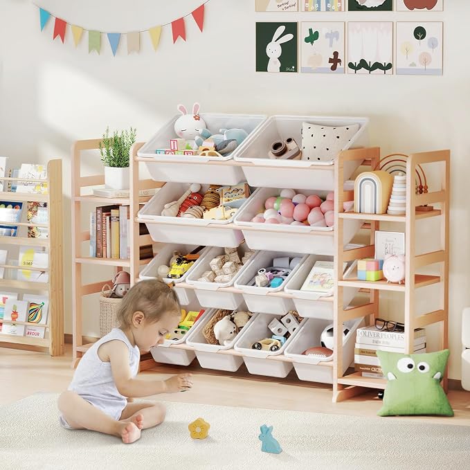 Wooden Toy Storage Organizer with 6 Shelves and 12 Bins, Toy Organizer Storage Kids Bookshelf, Toy Shelf for Playroom, Nursery, and Bedroom - Image 6