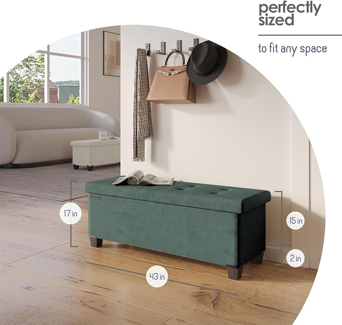 Storage Ottoman Bench with Bins, 43-in Storage Bench for Bedroom End of Bed, Folding Foot Rest Ottoman for Living Room Max 660lbs, Velvet Ottomans, Green - Image 3