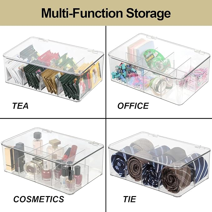 ZEXALOR Plastic Clear Storage Containers, Set of 2 Tea Bag Organizer Boxes 8 Compartments with Lids, Underwear Tie Drawer Organizer, Dresser Organizer (10.8×7×3.7") - Image 6