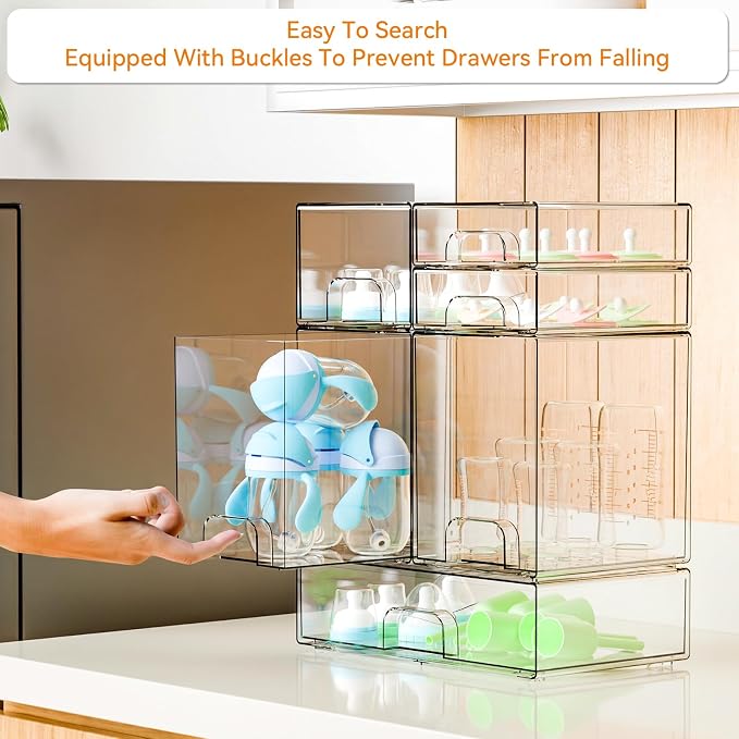 6 Set Clear Baby Bottle Organizer for Countertop,BPA FREE Bottle Station Organizer for Breast Pump Parts,Pacifier and Baby Accessories,Stackable Drawers for Bathroom,Cabinet,Pantry Organization - Image 5