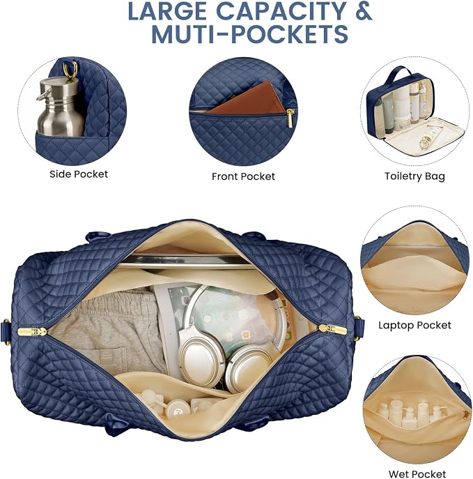 Women Weekender Travel Duffle Bag: Travel Duffel Overnight Bags with Shoe Compartment Large Carry on Tote with Toiletry Bag Weekend Traveling Yoga Gym Hospital Bag for Women with Wet Pocket Blue - Image 3