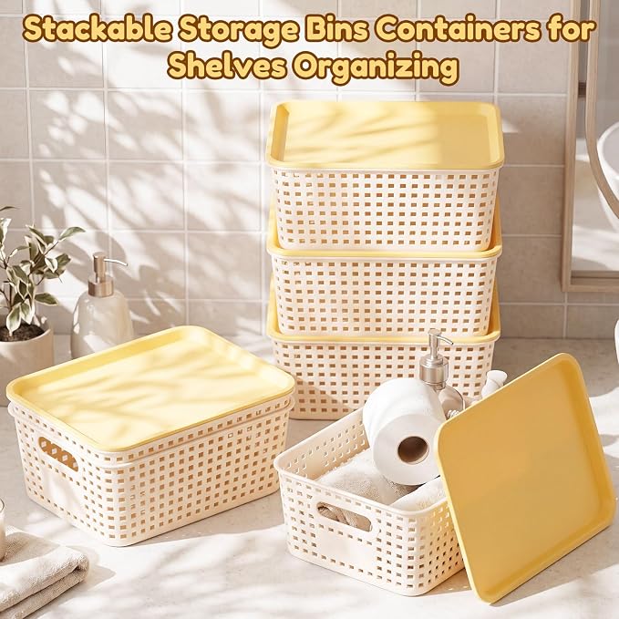12 Pack Plastic Storage Baskets with Lids Stackable Organizing Bins Storage Baskets Organizers and Containers for Closet, Pantry, Office, 10.2 x 7.2 x 4.1 Inches(Cream White) - Image 2