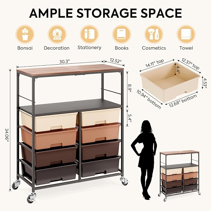 Rolling Storage Cart with 8 Large Drawers, Wooden Tabletop | Open Storage Shelves, Mobile Craft Organizer with Lockable Wheels for Home, Classroom, Office Supplies & Art Studio,Brown - Image 3