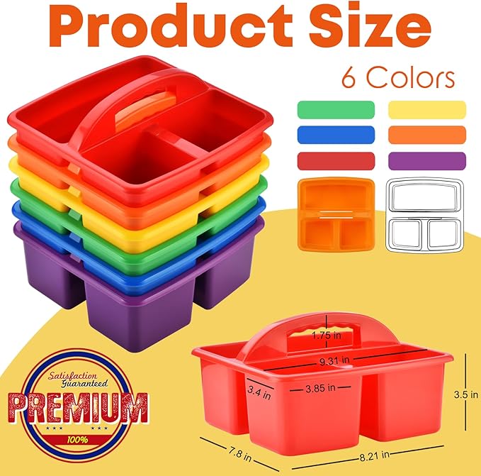 ALINK Plastic Classroom Caddy Organizer with Handle, 6-Pack 3 Compartments, Teacher Supply Storage Caddy for Classroom Organization, Table, Desk, Office, Craft Art for Kids - Assorted Colors - Image 2
