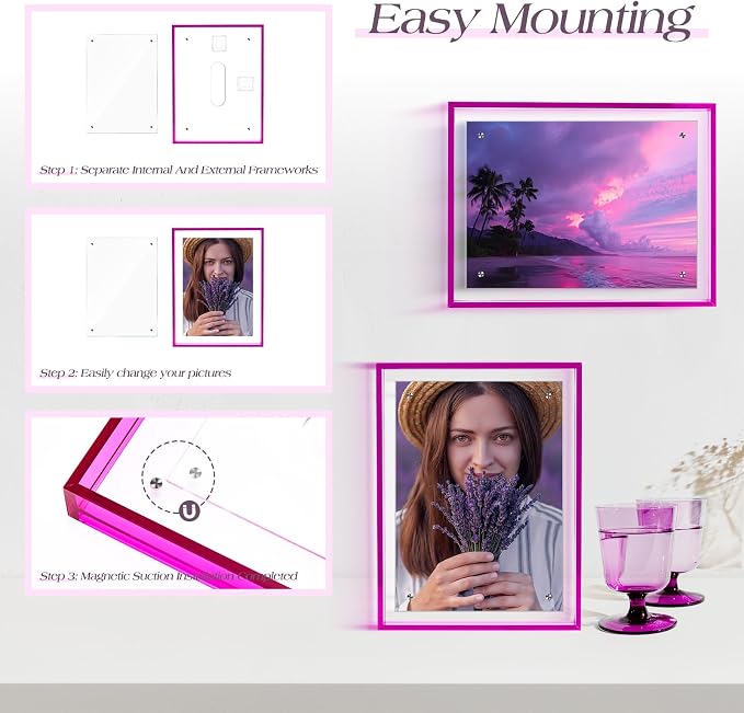 5x7 Picture Frame Acrylic Magnetic Wall Mounting/Self Standing Frame | Wall Hanging/Tabletop Display, Fits 5x7/5x5/4x6, Colored Floating Picture Frame, Horizontal and Vertical (Purple, 1 Pack) - Image 4