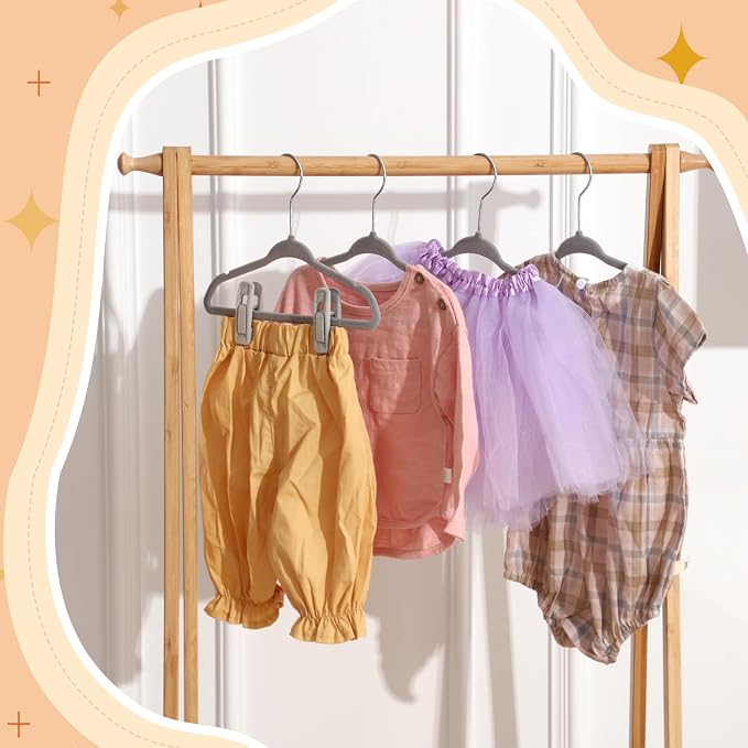 20 Pack Velvet Hangers for Baby & Kids, 11 Inch Non-Slip Infant Clothes Hangers with 40 Multi-use Adjustable Clips, Slim Space Saving Hanger for Nursery Closet, Toddler Skirts Pants Coat, Grey - Image 5