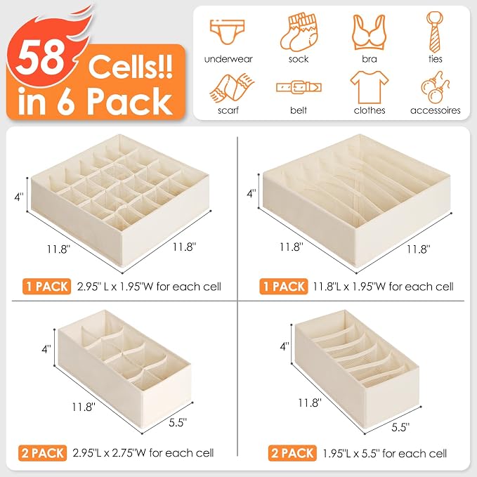 6 Pack Sock Underwear Drawer Organizer Dividers, 58 Cell Foldable Fabric Dresser Closet Organizers and Storage Bins for Clothing, Baby Clothes, Bra, Panty, Scarf, Ties (Beige) - Image 4
