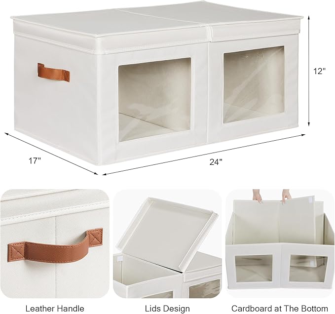 Univivi Large Fabric Storage Bins with Lids for Clothes 2 Pack, Beige | 24 x 17 x 12 In Foldable Storage Boxes with Handles, Clear Window, Closet Organizers for Home, Bedroom - Image 2