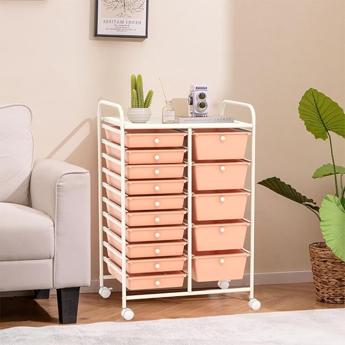 DREAMADE Rolling Cart with 15 Drawers, Rolling Drawer Organizer Cart w/Lockable Wheels, Removable & 2-Sized Storage Drawers, Art Cart for School Home Art Supplies Crafts File Scrapbook - Image 2