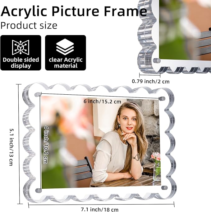Chivalral 3 Pack 4x6 Acrylic Picture Frame, Double-Sided Tabletop Display | Scalloped Edge Design,10+10mmThick,Magnetic Photo Frames,Horizontal/Vertical,Gift for Birthday Wedding Anniversary,Home decor - Image 2