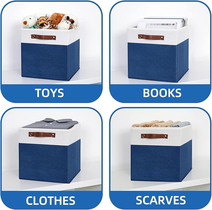 Temary Collapsible Storage Boxes - 12x12 Blue Cube Storage Bins with Handles for Organizing Home, White&Blue - Image 4
