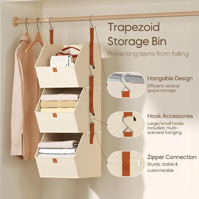 Collapsible Hanging Closet Organizer - 3 Tier Closet Shelves Storage System with Hooks, Fabric Hanging Storage Bins for Clothes, Foldable Storage Basket for Laundry, Bedroom, Rv, Beige - Image 3
