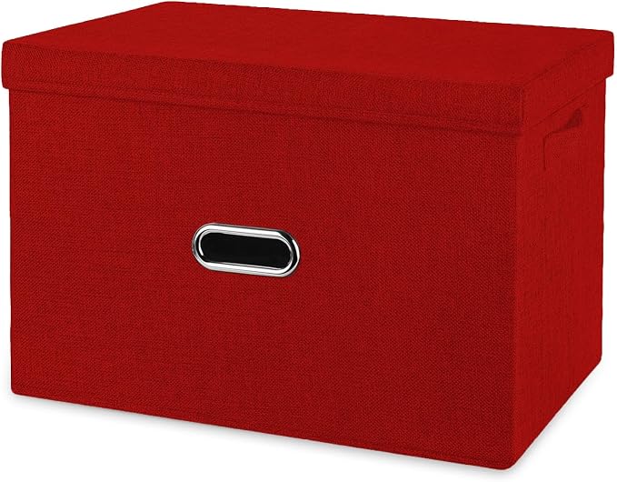 Large Linen Fabric Foldable Storage Bins with Removable Lid and Handles, Washable Storage Box Organizer Containers Baskets Cube with Cover for Bedroom,Office(Red, Small) by Unknown