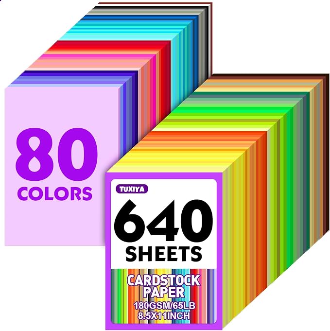 TUXIYA 640 Sheets 8.5" X 11" Colored Cardstock, 80 Colors Card Stock | 180GSM/65LB 80 Assorted Colors Construction Paper Printer Paper for Printing, Card Making, DIY Crafts, School Supplies,Party by Unknown