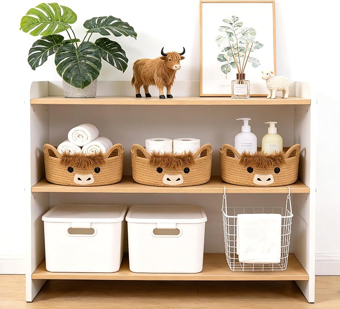 3 Pcs Oval Highland Cute Cow Basket for Nursery,Woven Rope Gift Basket | Soft Cotton Decorative Storage for Gifts Empty, Baby Shower Blanket 0rganizer Shelves Towel Bins, 12" D x 5" H - Image 2