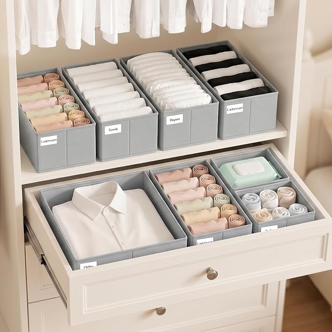 Drawer Organizer Clothes 10 Pack Washable Fabric Closet Storage Bins Flat Bottom Board Dresser Dividers for Bedroom Wardrobe Nursery Clothes Socks Underwear Bins, Grey - Image 8