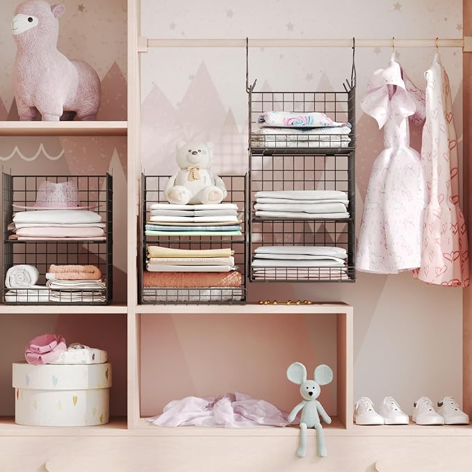Yuyetuyo 5 Tier Closet Hanging Organizer and Storage Separable Hanging Closet Shelves with 4 Hooks 2 Adjustable Dividers, Wire Storage Basket Bins for Clothing Sweaters Socks Dolls Handbags, Foldable - Image 2