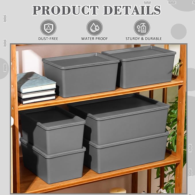 6 Pcs Plastic Storage Bins with Lids Stackable Storage Containers Durable Box Baskets for Organizing Shelves Playroom Classroom Office (Large and Small,Grey) - Image 3