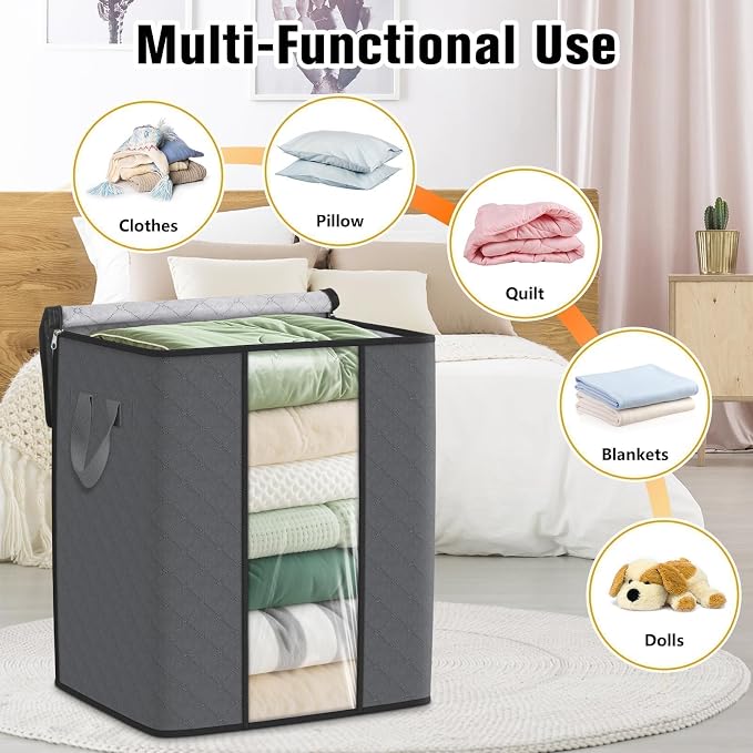 6 Pack Clothes Storage Bags 80L Blanket Storage Containers with Window Grey | Large Comforter Organizer for Closet, Bedding, Quilts, Sheets and Pillows, Foldable Storage Bags for Home Organization - Image 5