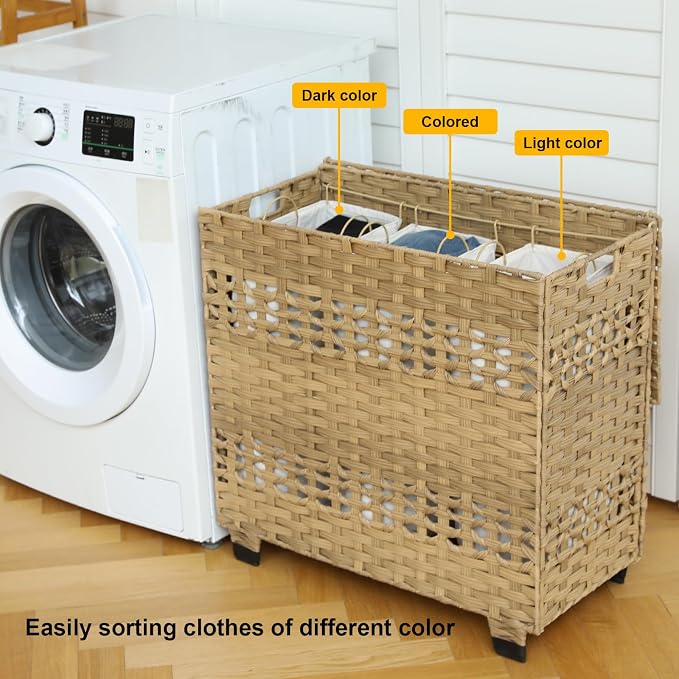OIAHOMY Laundry Hamper with Lid, 140L Clothes Hamper with 3 Removable Liner Bags, Foldable Basket with Lid, Synthetic Wicker Laundry Basket for Bedroom, 27x 13 x 26 Inches, Yellow - Image 5