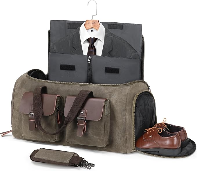 Wildroad Garment Bags for Travel - Canvas Duffle Bag with Shoe Compartment | Gifts for Men, Holiday Birthday Gift for Dad, Husband & Partner, Carry-on Size, 2 in 1 Hanging Suitcase Suit Business by WILDROAD