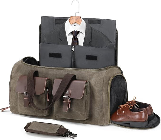 Wildroad Garment Bags for Travel - Canvas Duffle Bag with Shoe Compartment | Gifts for Men, Holiday Birthday Gift for Dad, Husband & Partner, Carry-on Size, 2 in 1 Hanging Suitcase Suit Business by WILDROAD