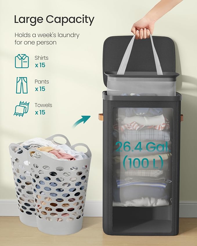 SONGMICS Laundry Basket, 26.4 Gal. Laundry Hamper, Easy Assembly, with Lid and Handles, Removable Liner, 16.5 x 12.6 x 29.5 Inches, Ink Black ULCB811BH01 - Image 4