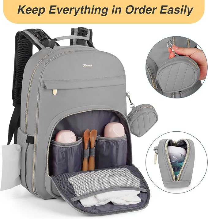 Diaper Bag Backpack, Quilted Baby Bag with Changing Pad and Stroller Straps and Pacifier Case, Large Travel Diaper Bags for Mom Dad, Grey - Image 2