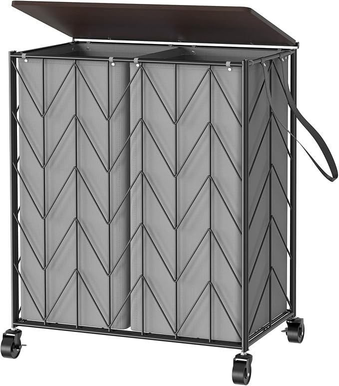 WOWLIVE Double Laundry Hamper with Lid, Rolling Laundry Basket with Wheels | Heavy Duty Wire Clothes Hamper with Divided Removable Bags, Large Iron-Made Laundry Sorter Laundry Room Organization, Grey by WOWLIVE