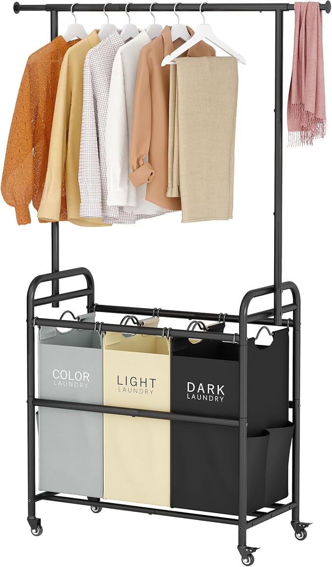 Laundry Sorter Cart with Hanging Clothes Rack, 3 Section, 3 Colors | 135L Laundry Sorter Hamper Cart with Heavy Duty Rolling Lockable Wheels and Removable Bags for Laundry Room, Apartment by Tajsoon