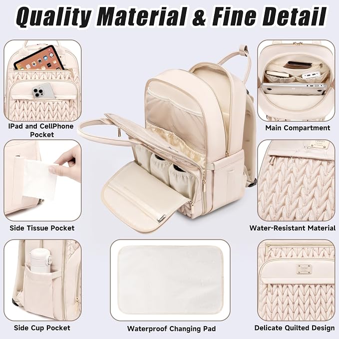 Tealari Diaper Bag Backpack,Stylish Baby Diaper Bag,Waterproof Travel Diaper Backpacks Baby Bags with Changing Pad,Stroller Straps,Insulated Pockets (Beige) - Image 5
