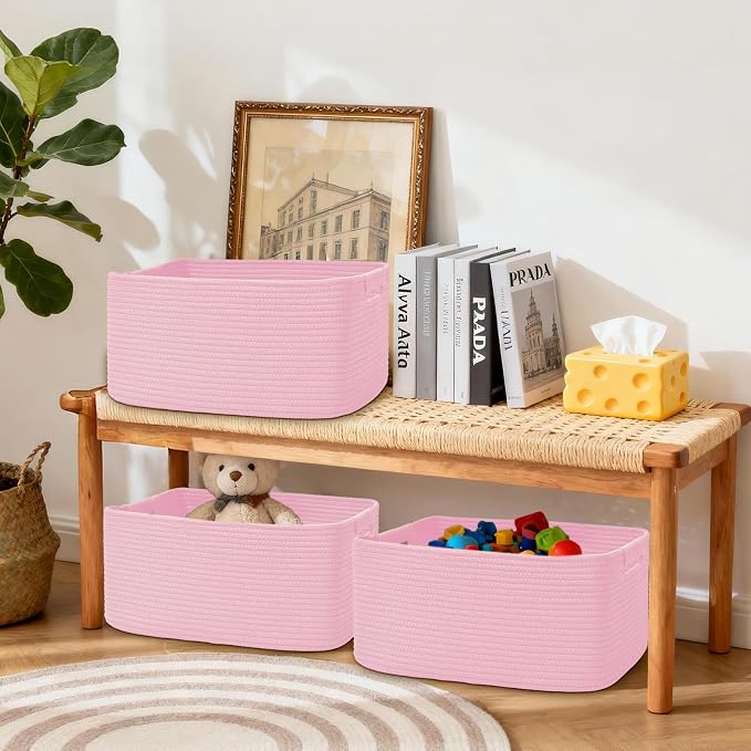 3 Pack Large Storage Basket for Organizing, 17.5"x13"x7" Woven Basket for Shelves, Closet Cube Storage Bins with Wrapped Handle, Cotton Rope Baskets for Kitchen, Clothes, Toys(Light Pink) - Image 7
