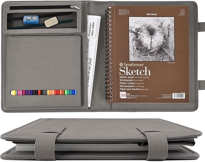 Gray Leather Sketchbook Cover 9x12, Travel Drawing Portfolio | Portable sketch kit organizer, pencil holder, Fits 9x12 Sketch Book, Spiral Pad, Compact artist storage case by Plinyvel