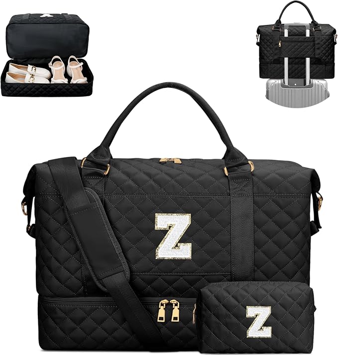Personalized Letter Travel Bags with Makeup Bag(Black,Z) | Hospital Bag for Women Labor Delivery with Toiletry Bag-Overnight Gym Bag with Shoe Compartment by Unknown
