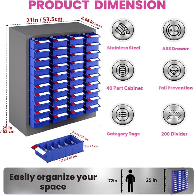 40-Drawer Parts Cabinet, Bolt Organizer with ABS Drawers & Dividers, Steel Bolt Bins, Nut and Bolt Organizer for Garage, Workshop, Home and Office (40 Drawer) - Image 2