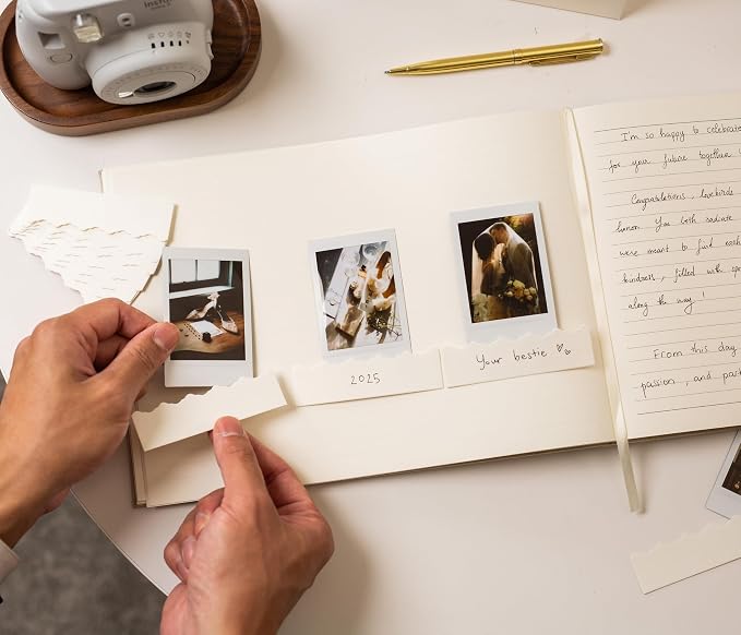 Real Linen Guest Book Set - 11.5 x 8.5 Embossed Guestbook for Weddings, Showers, Events, Blank & Lined, Comes with Sign, Pen, Box and Photo Sleeves, 120 Pages (Beige) - Image 6
