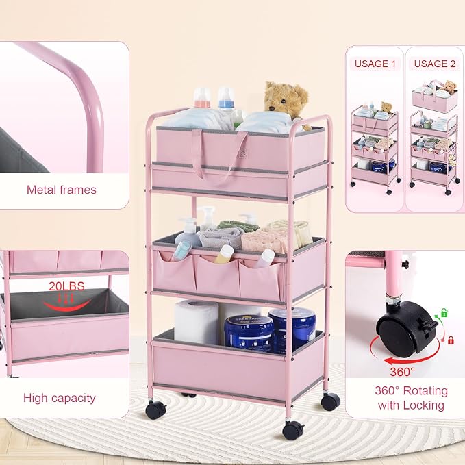 Honeydak 2in1 Baby Diaper Caddy Organizer Cart 3 Tier Large Capacity Metal Utility Bedside Rolling Cart with Divider Newborn Registry Nursery Essential Must Have Crib Bedroom Baby Shower(Pink) - Image 3