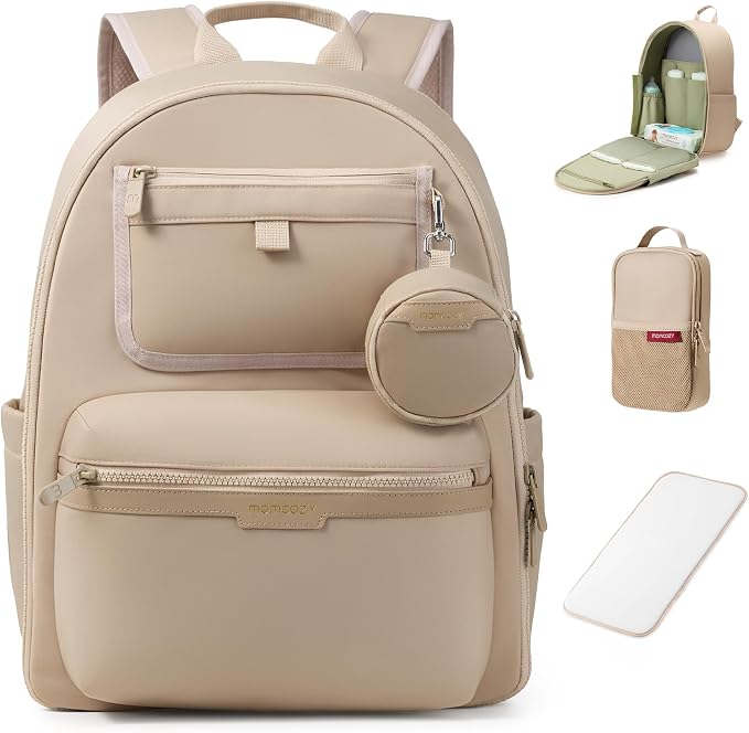 Momcozy Diaper Bag Backpack for Travel & Work - Waterproof and Multi-Pocket | Baby Bag with changing pad,mom bag with Insulated Pouch, Stroller Straps & Laptop Compartment,Khaki by Momcozy