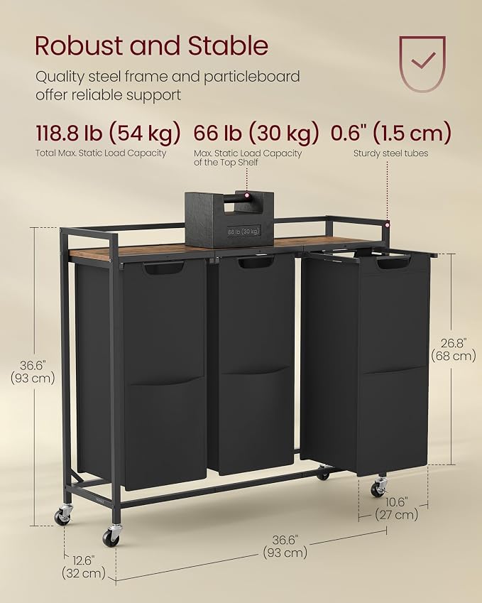 VASAGLE Laundry Sorter, 43.5 Gal. (165 L) Laundry Hamper Basket with 3 Compartments, Rolling Cart with Wheels, Shelf, Removable Bags, Pockets, Ink Black and Rustic Brown UBLH031B01 - Image 6