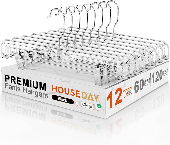HOUSE DAY Clear Pants Hangers with Clips 12 Pack, Plastic Skirt Hangers for Women, 14 Inch Clip Hanger for Pants, Skirts, Jeans, Shorts, Legging, with 360-degree Swivel Hook, 2 Adjustable Clips by HOUSEDAY