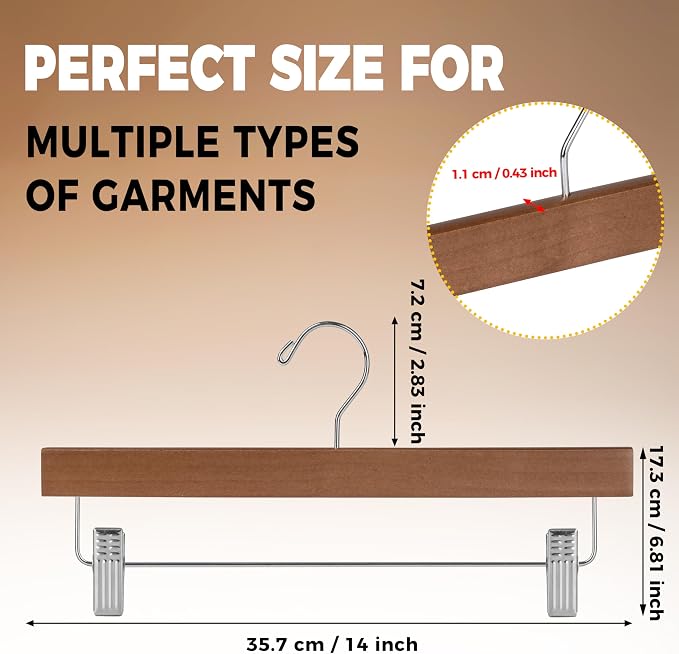 Quality Hangers Wooden Pants Hangers - 10-Pack Swivel Hook Cloth Hanger Set - Lotus Wood Skirt, Pant, Shorts and Slack Hangers with Adjustable Clip (Walnut - Chrome Hook, 10) - Image 3