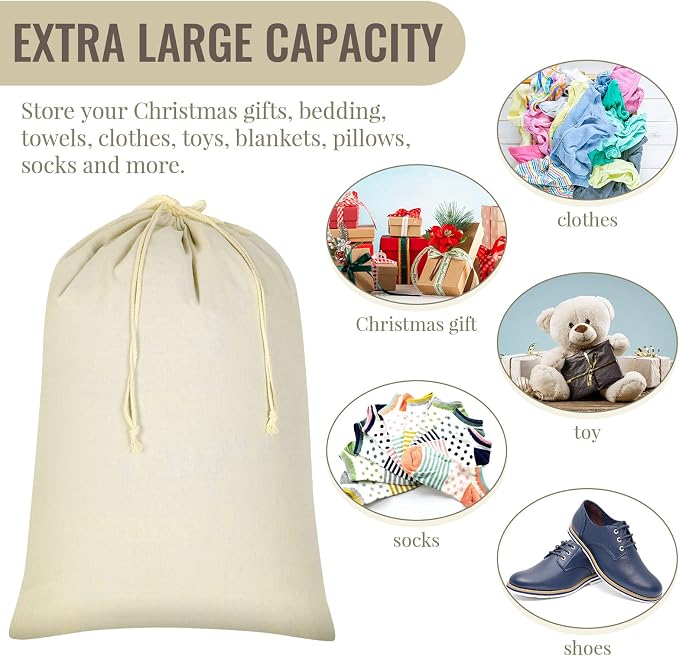 12 Pcs 24" x 36" Canvas Laundry Bags Bulk Large Cotton Laundry with Drawstring Heavy Duty Hamper Liner Washable Dirty Clothes Santa Bag for Travel Household - Image 3
