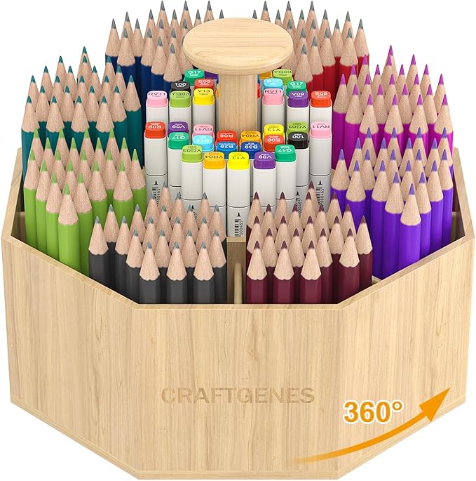 CraftGenes Bamboo Rotating Pen Organizer for Desk with 10 Compartments | Desk organizer, smooth spin, marker organizer, pencil holder, art supply organizer, carry handle, classroom, craft room by CraftGenesTools